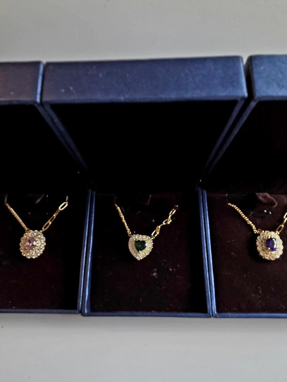 Set of 3 Gold Tone Halo Pendant Necklaces Pink Green Purple Rhinestone Accent